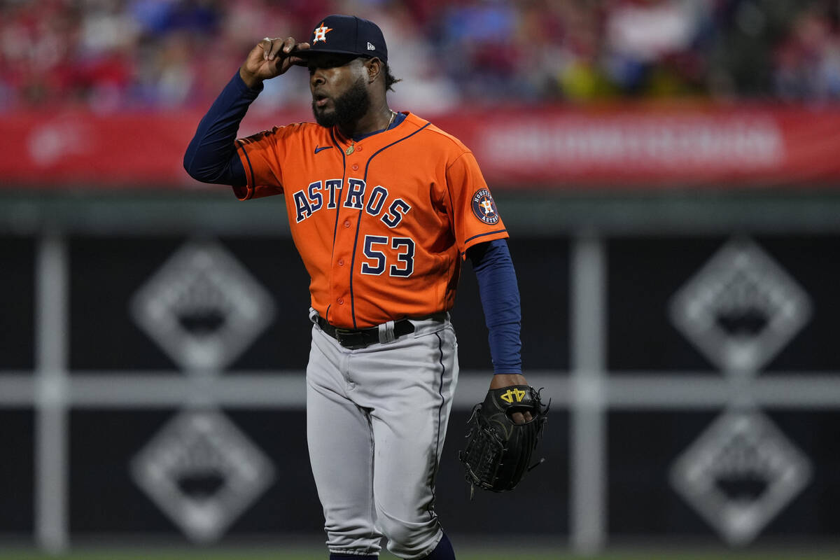 Houston Astros starting pitcher Cristian Javier celebrates the end of the fifth inning in Game ...