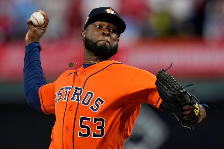 Houston Astros starting pitcher Cristian Javier throws during the first inning in Game 4 of bas ...
