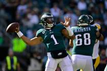 Philadelphia Eagles quarterback Jalen Hurts in action during an NFL football game against the P ...