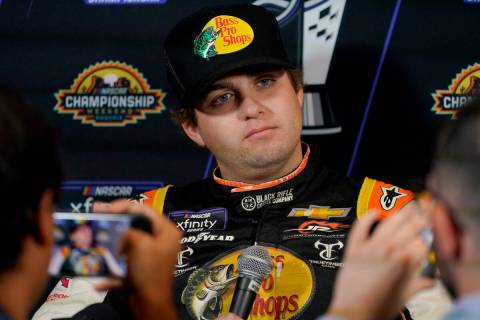 NASCAR Xfinity Series auto racing driver Noah Gragson speaks during the NASCAR Championship med ...