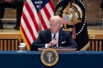 President Joe Biden speaks at an event to discuss gun violence strategies, at police headquarte ...