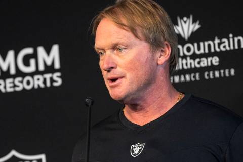 Then-Raiders head coach Jon Gruden responds to questions from the media at Raiders Headquarters ...