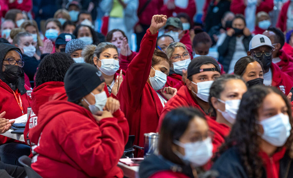 Culinary Union members gather for a rally as efforts to knock on more than 1 million doors this ...