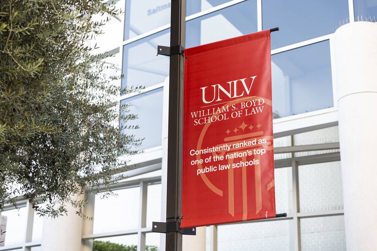 Signage for the Boyd Law School at UNLV is seen on Tuesday, Nov. 15, 2022, in Las Vegas. (Chase ...