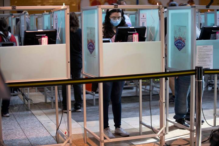 Amira Ezzarhri, 18, casts her vote at the polling place inside of the Galleria at Sunset shoppi ...