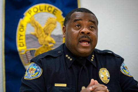 Thedrick Andres, then the Henderson Police Department's acting chief, speaks at Henderson polic ...
