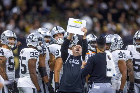 Raiders Special Teams Coach Tom McMahon instructs his players versus the New Orleans Saints dur ...