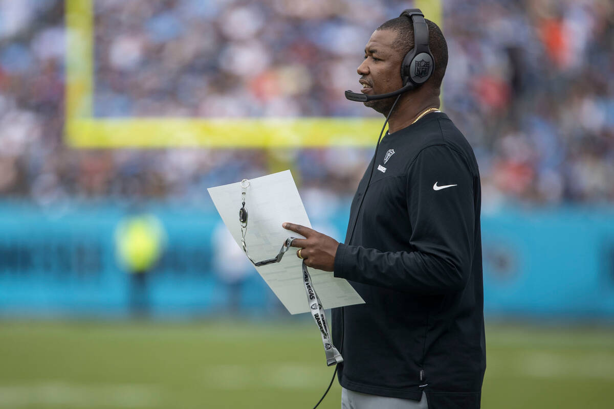 Raiders defensive coordinator Patrick Graham coaches from the sideline during the first half of ...