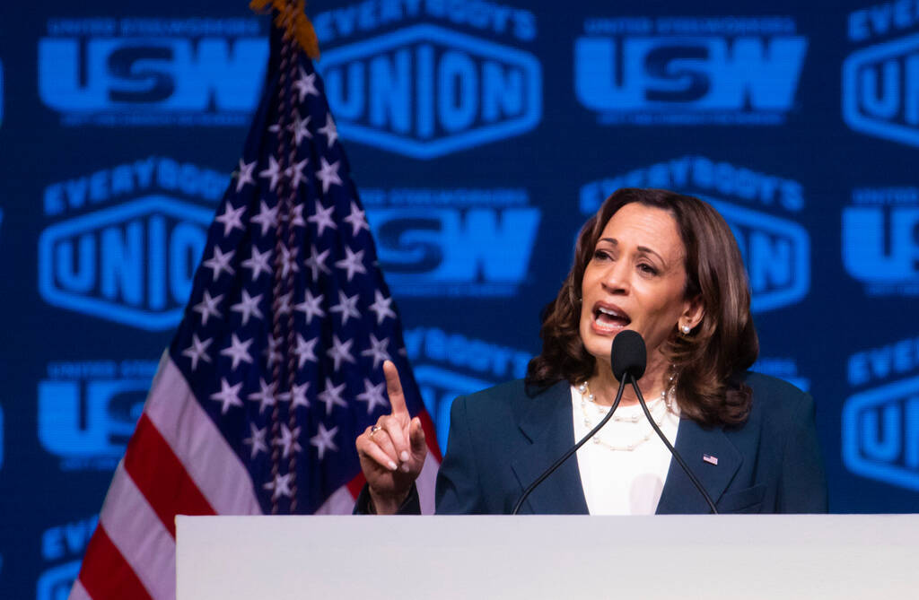 Vice President Kamala Harris speaks at a United Steelworkers convention at the MGM Grand Conven ...