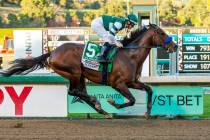 In this image provided by Benoit Photo, Flightline, with Flavien Prat aboard, wins the Grade I, ...