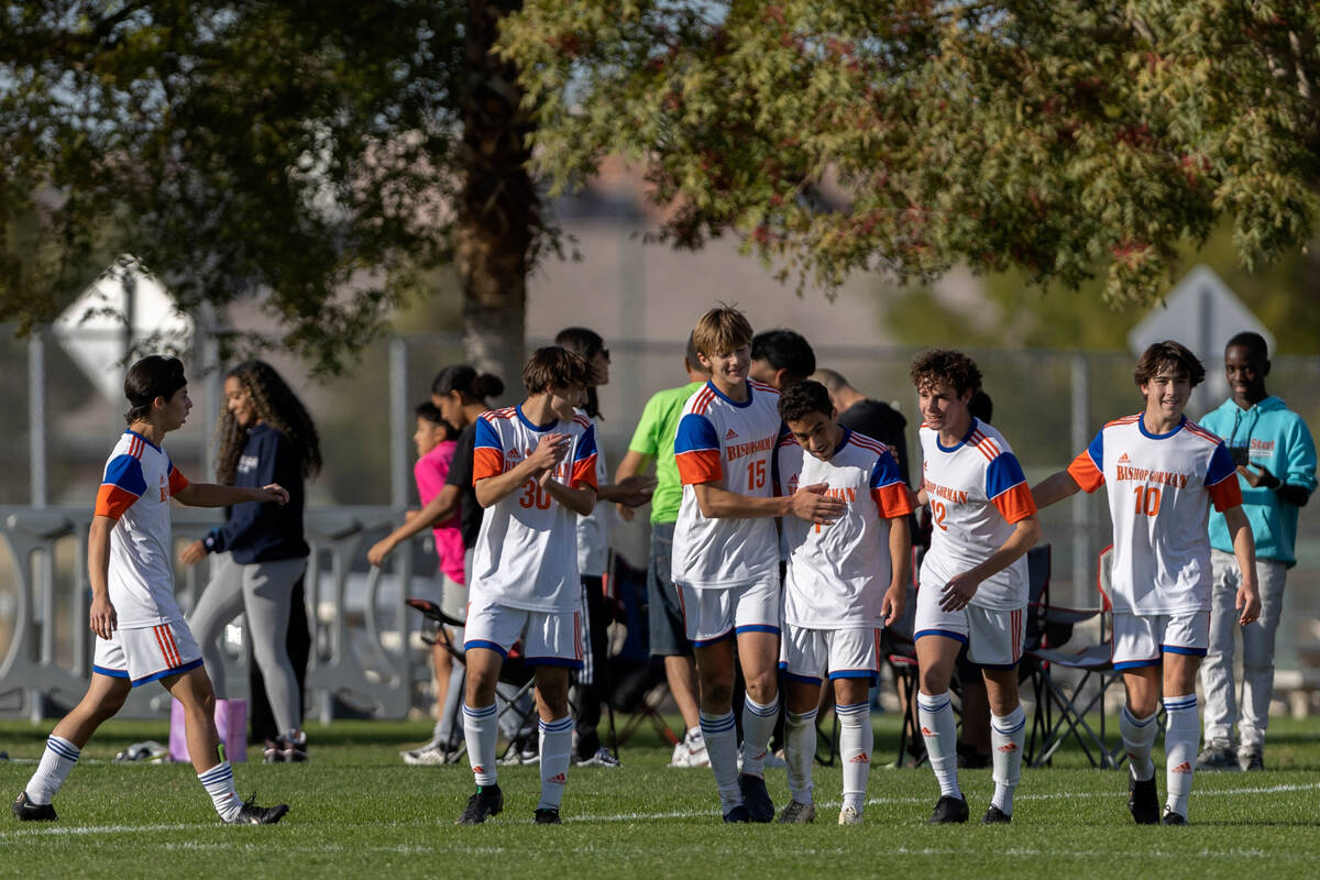 Bishop Gorman gather to celebrate after scoring the lone goal during the Class 5A boys soccer s ...