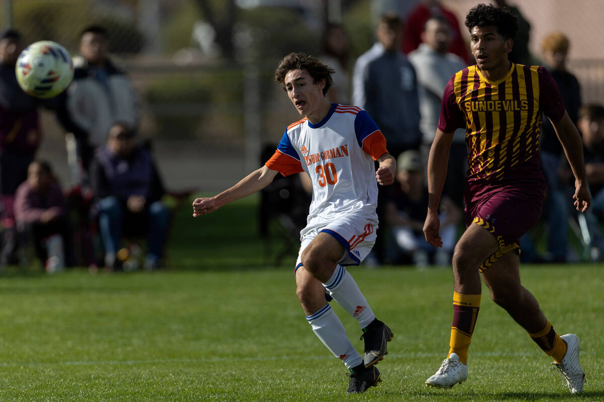 Bishop Gorman’s Maddix Bordinhao (30) attempts a goal while dribbling against Eldorado&# ...