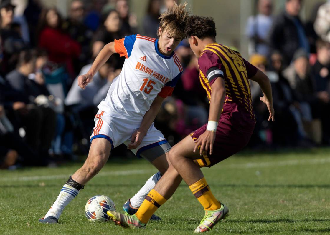 Bishop Gorman’s Chase Stewart (15) dribbles against Eldorado’s Angel Reveles De L ...