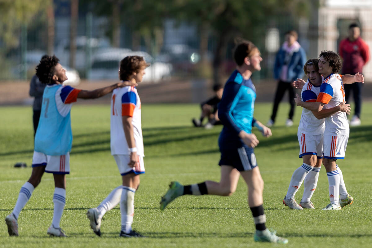 Bishop Gorman celebrates a win against Eldorado in the Class 5A boys soccer southern regional f ...