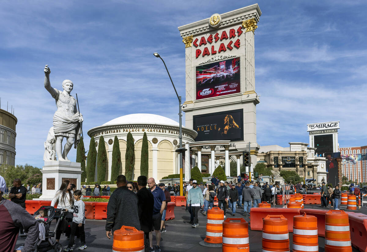 The Formula One Las Vegas Grand Prix is displayed on the marquee outside Caesars where the fan ...