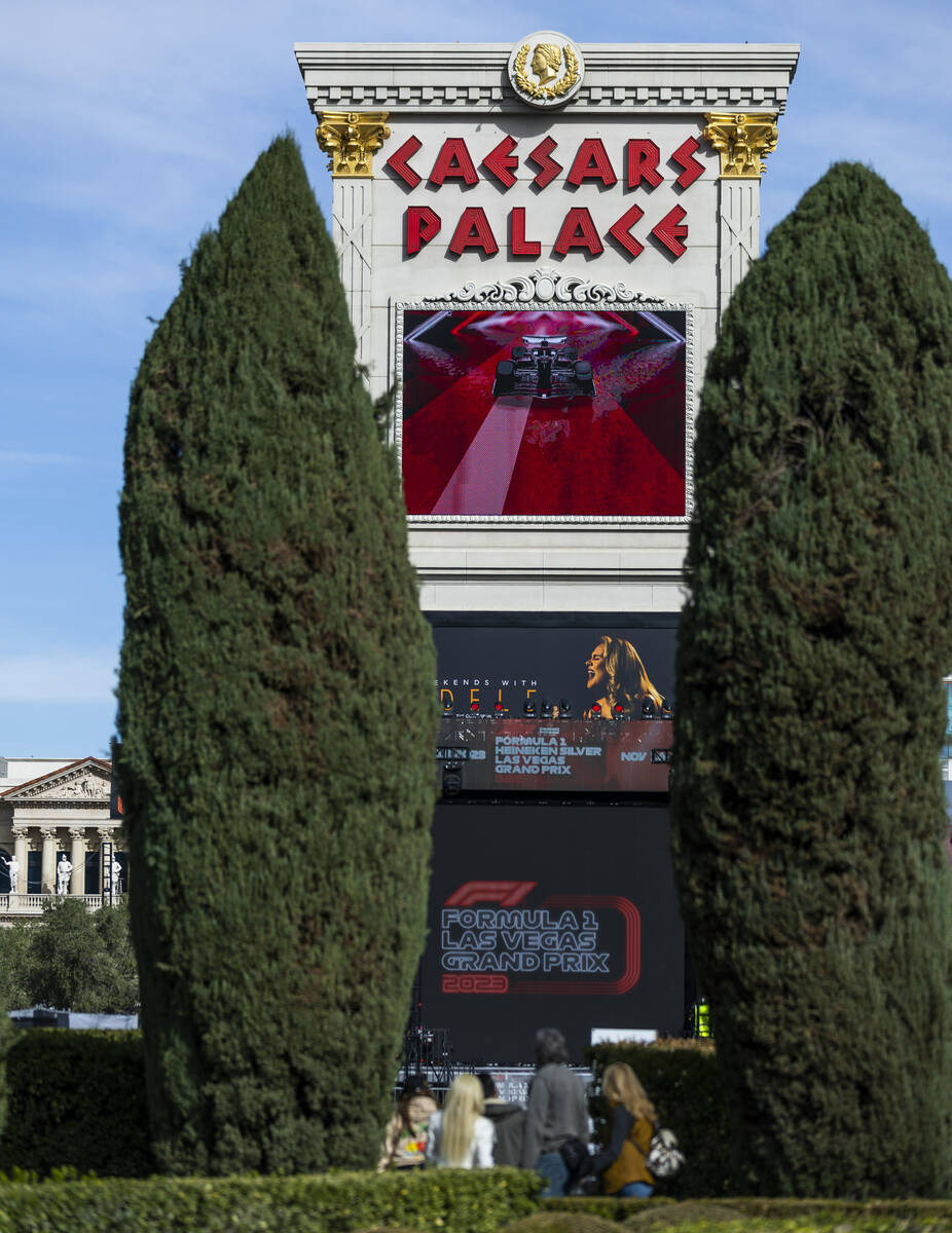 The Formula One Las Vegas Grand Prix is displayed on the marquee outside Caesars where the fan ...