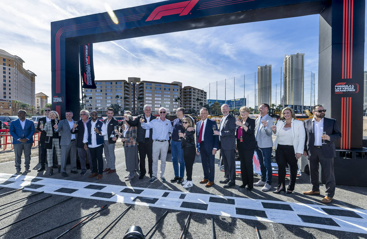 Formula One Las Vegas Grand Prix dignitaries and guests share a champagne toast during a start/ ...
