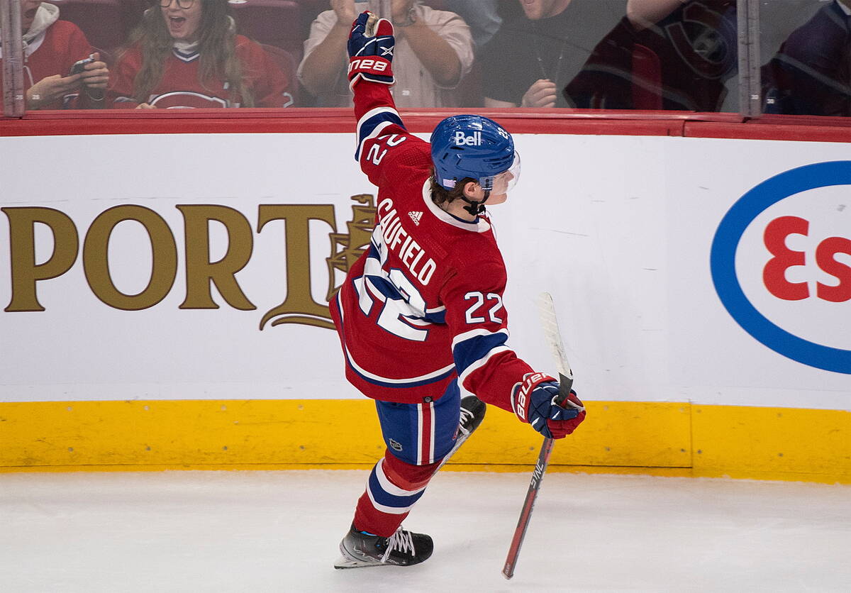 Montreal Canadiens' Cole Caufield reacts after scoring against the Vegas Golden Knights during ...