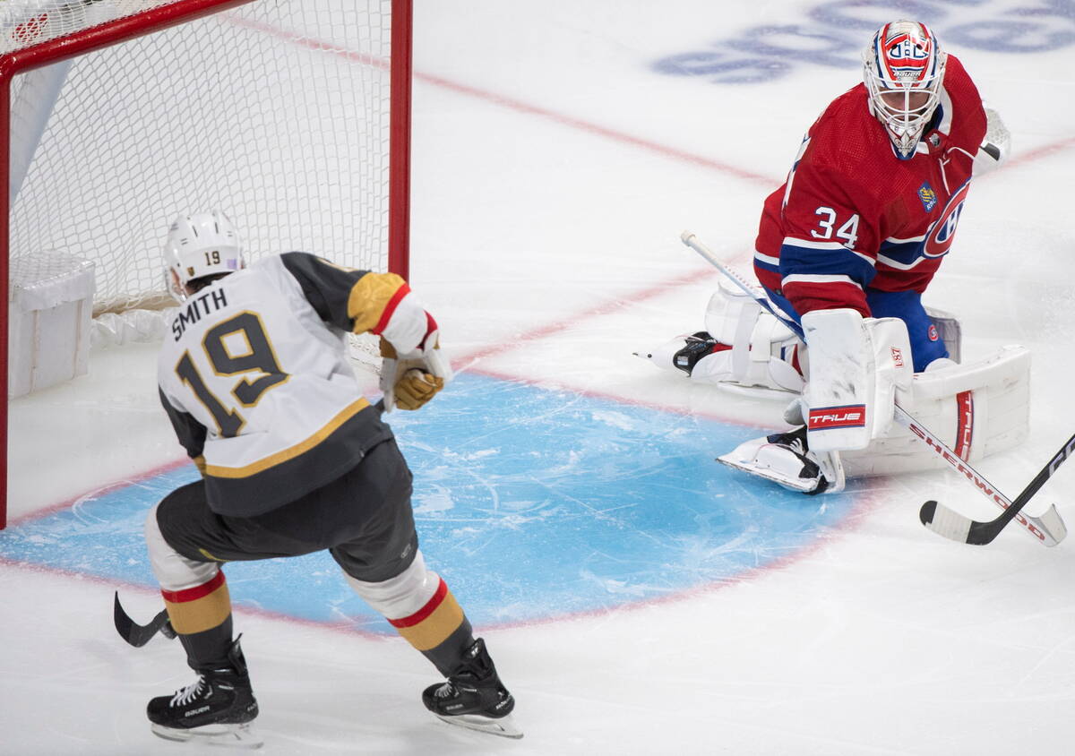 Montreal Canadiens goaltender Jake Allen gives up a goal to Vegas Golden Knights' Reilly Smith ...