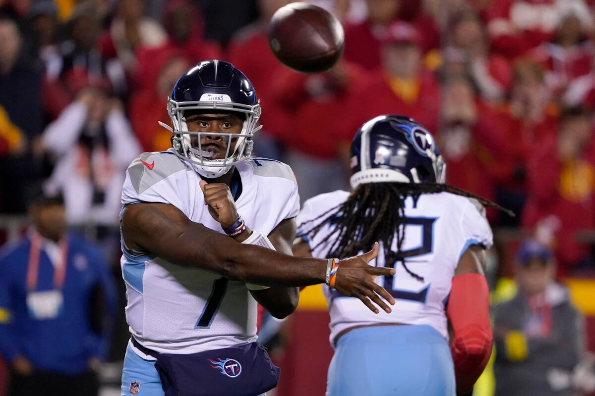 Tennessee Titans quarterback Malik Willis throws during the first half of an NFL football game ...
