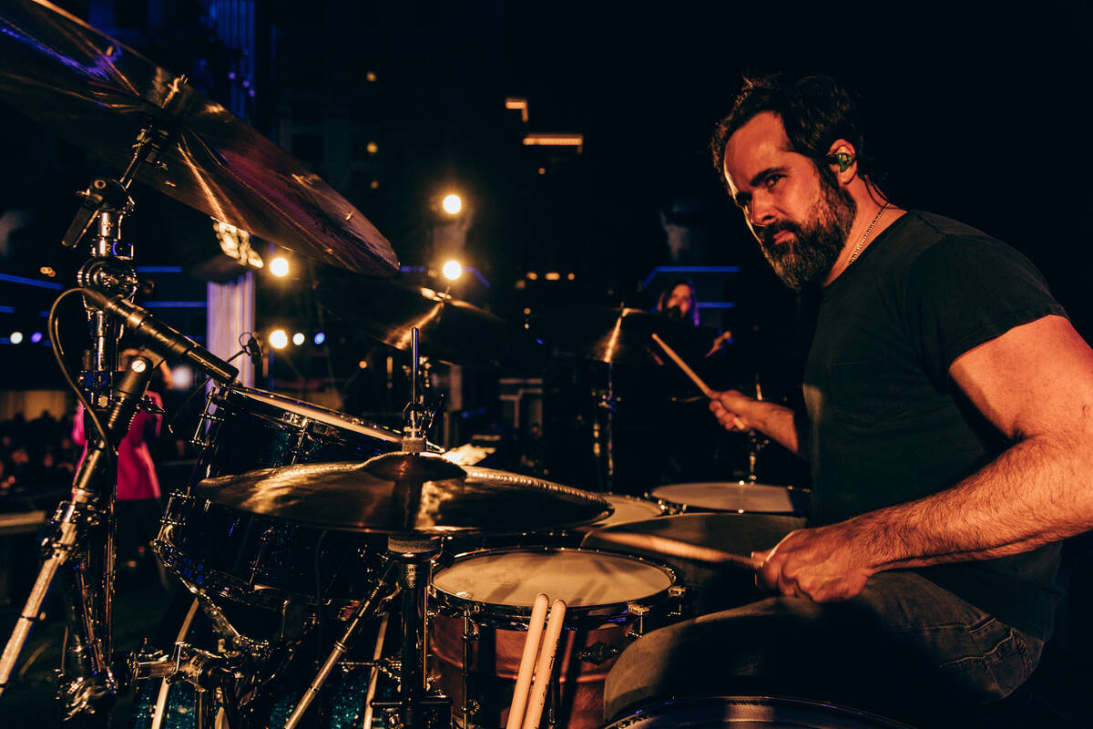 Ronnie Vannucci of The Killers performs at the Las Vegas Grand Prix/Formula One party at Garden ...