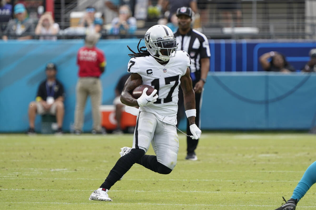 Las Vegas Raiders wide receiver Davante Adams (17) plays against the Jacksonville Jaguars in th ...