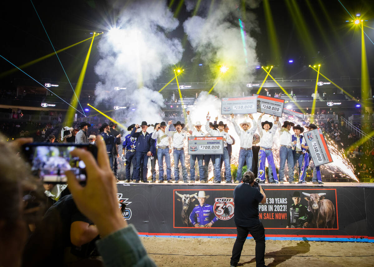 Nashville Stampede team members celebrate their victory at the Pro Bull Riders team championshi ...