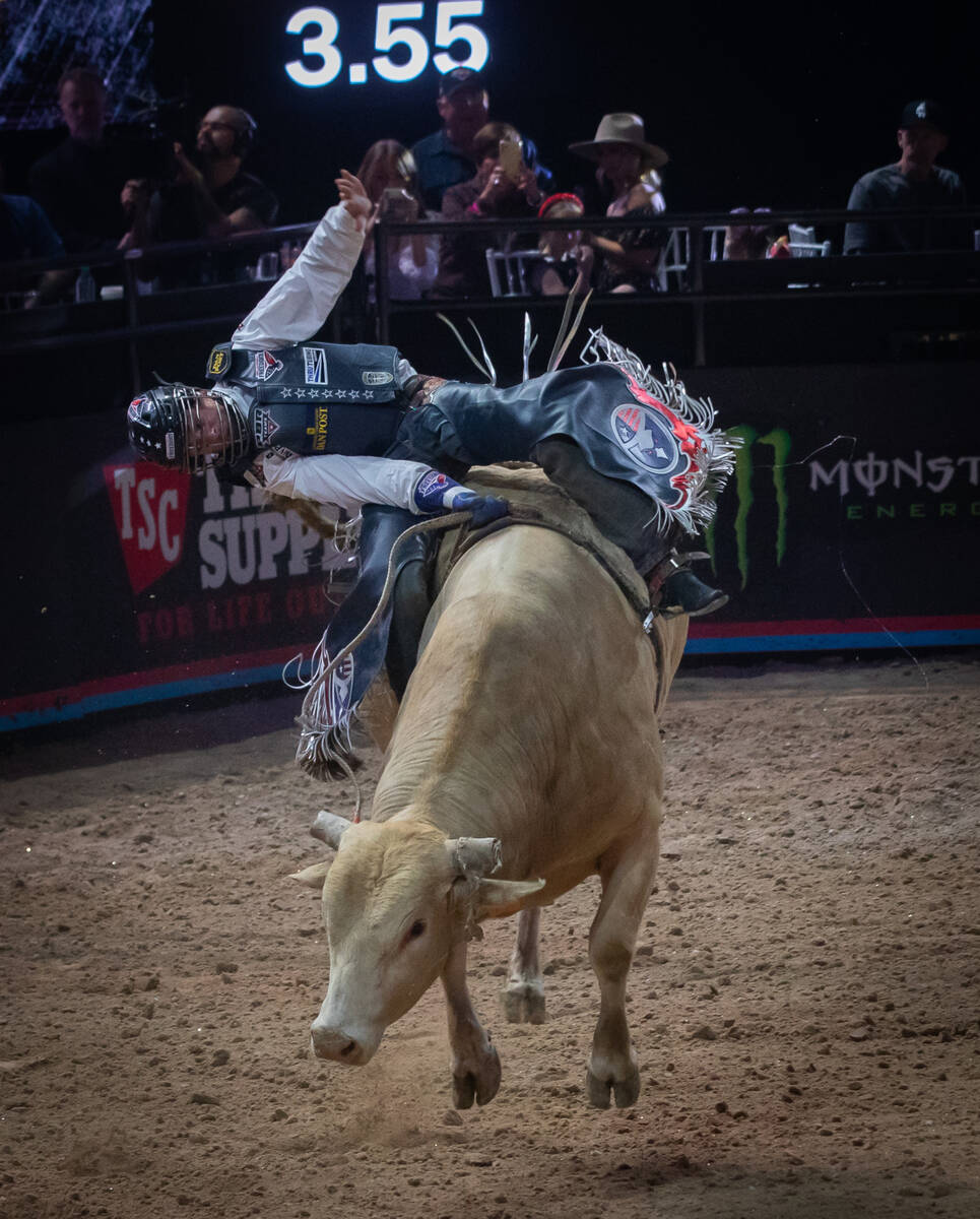 Oklahoma Freedom’s Trevor Kastner rides Sneaky situation during his run during the Pro B ...