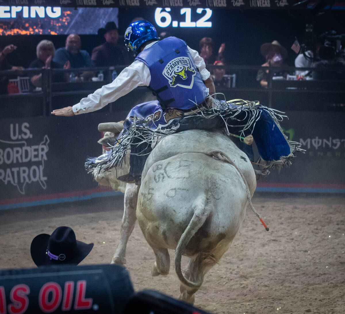 Nashville Stampede’s Kaique Pacheco after his run during the Pro Bull Riders team champ ...