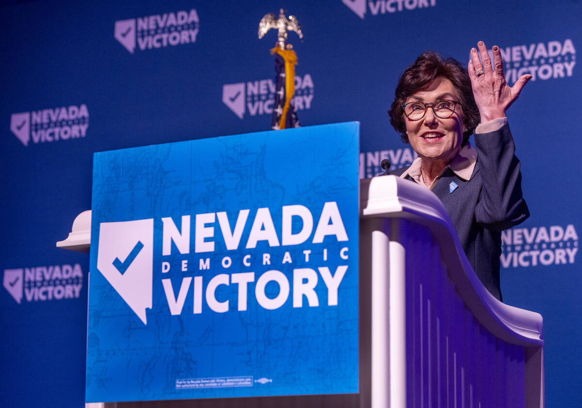 Senator Jacky Rosen speaks during the Nevada Democratic Victory Election Night party in the bal ...