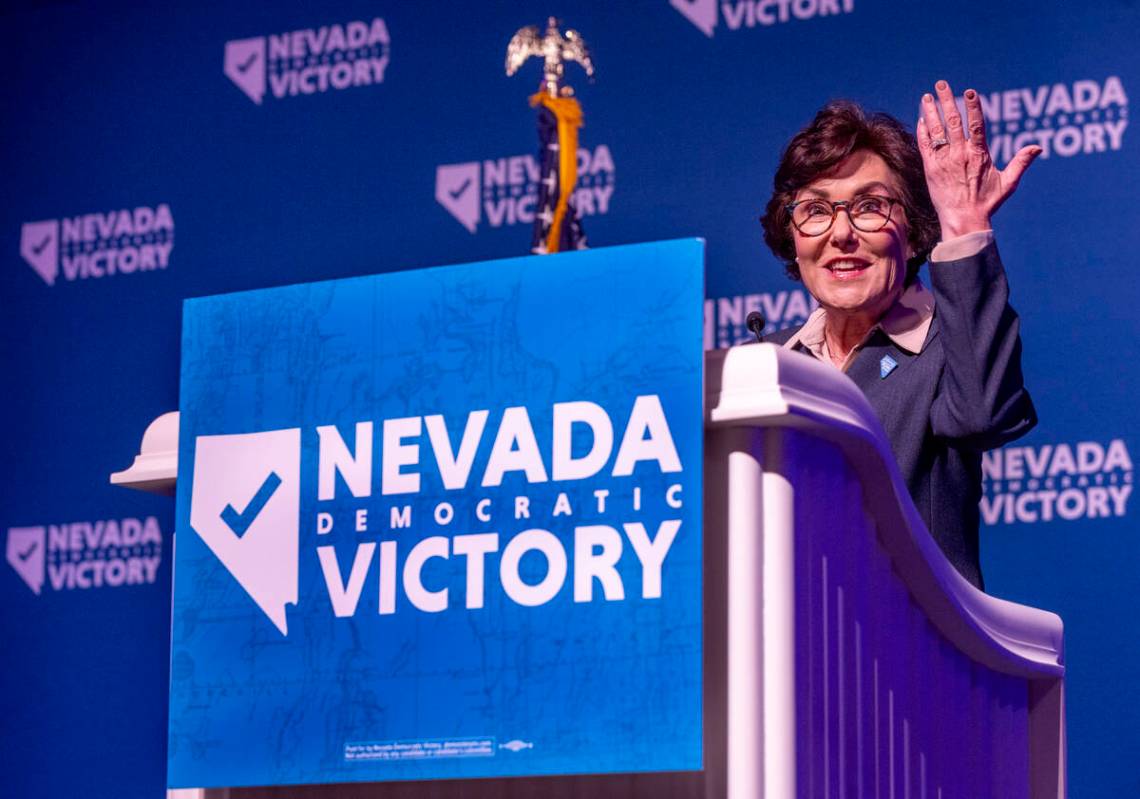 Senator Jacky Rosen speaks during the Nevada Democratic Victory Election Night party in the bal ...