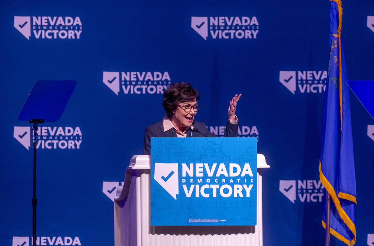 Senator Jacky Rosen speaks during the Nevada Democratic Victory Election Night party in the bal ...