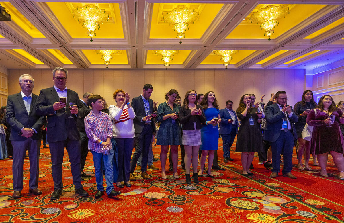 Supporters applaud as Senator Jacky Rosen speaks during the Nevada Democratic Victory Election ...