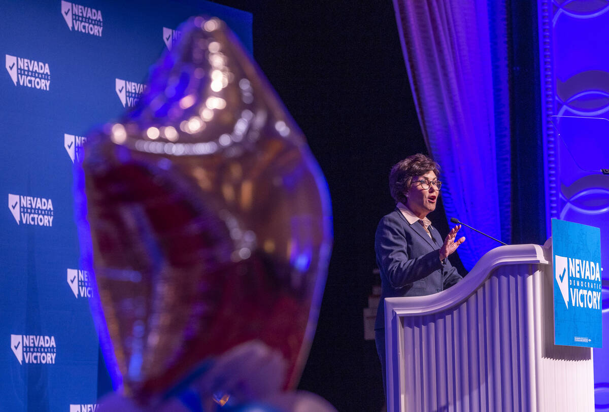 Senator Jacky Rosen speaks during the Nevada Democratic Victory Election Night party in the bal ...
