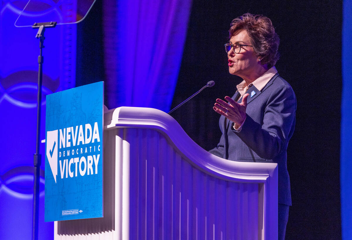 Senator Jacky Rosen speaks during the Nevada Democratic Victory Election Night party in the bal ...