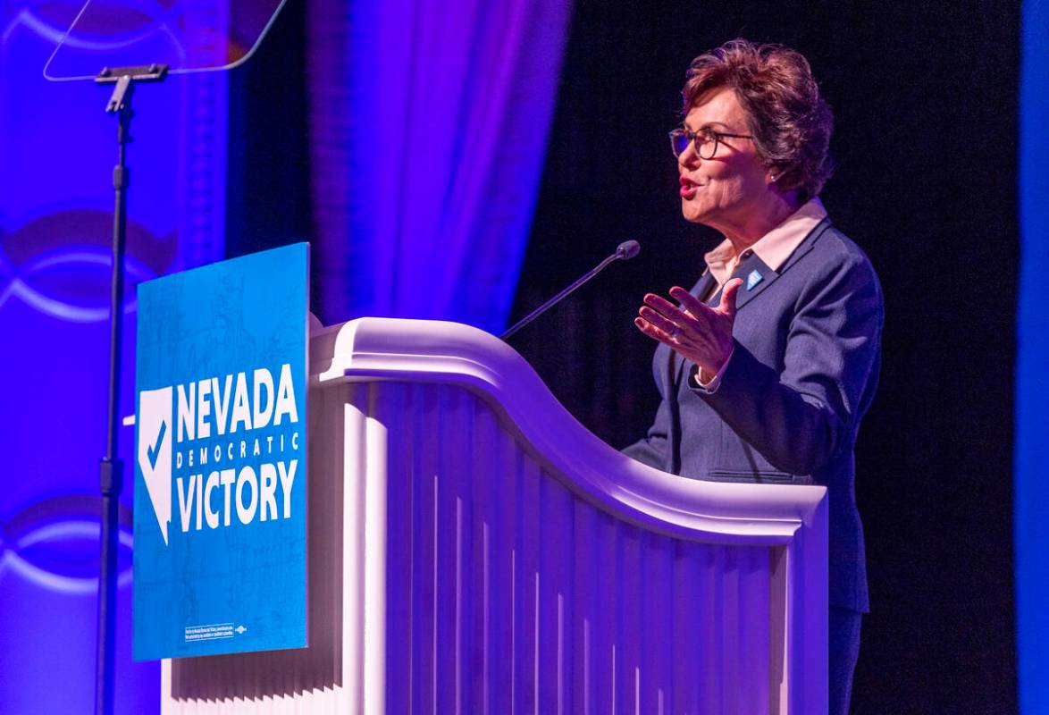 Senator Jacky Rosen speaks during the Nevada Democratic Victory Election Night party in the bal ...