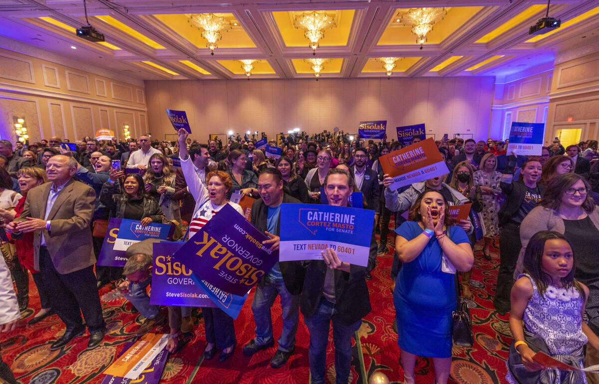 Supporters cheer as Senator Catherine Cortez Masto and Governor Steve Sisolak speak during the ...