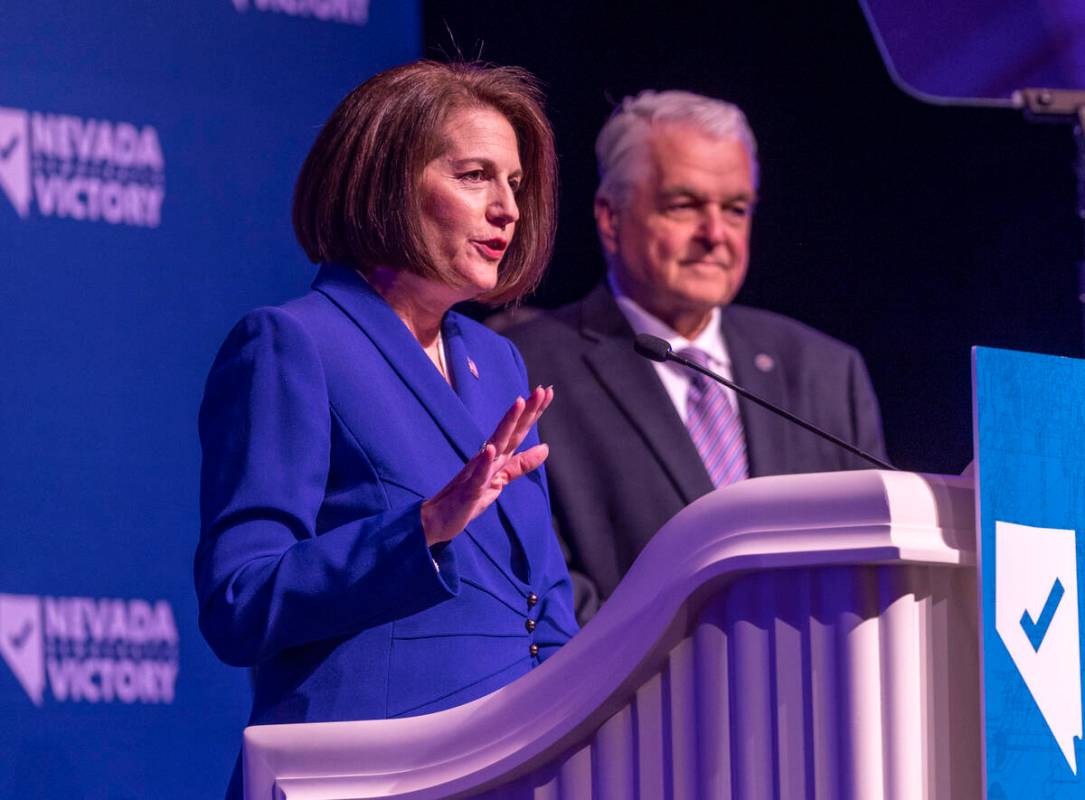 Senator Catherine Cortez Masto speaks beside Governor Steve Sisolak during the Nevada Democrati ...