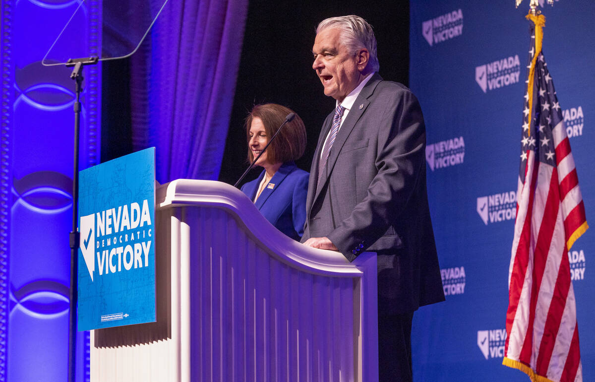 Governor Steve Sisolak speaks with Senator Catherine Cortez Masto at his side during the Nevada ...