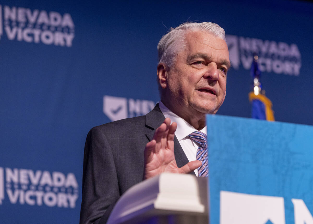 Governor Steve Sisolak speaks with Senator Catherine Cortez Masto at his side during the Nevada ...