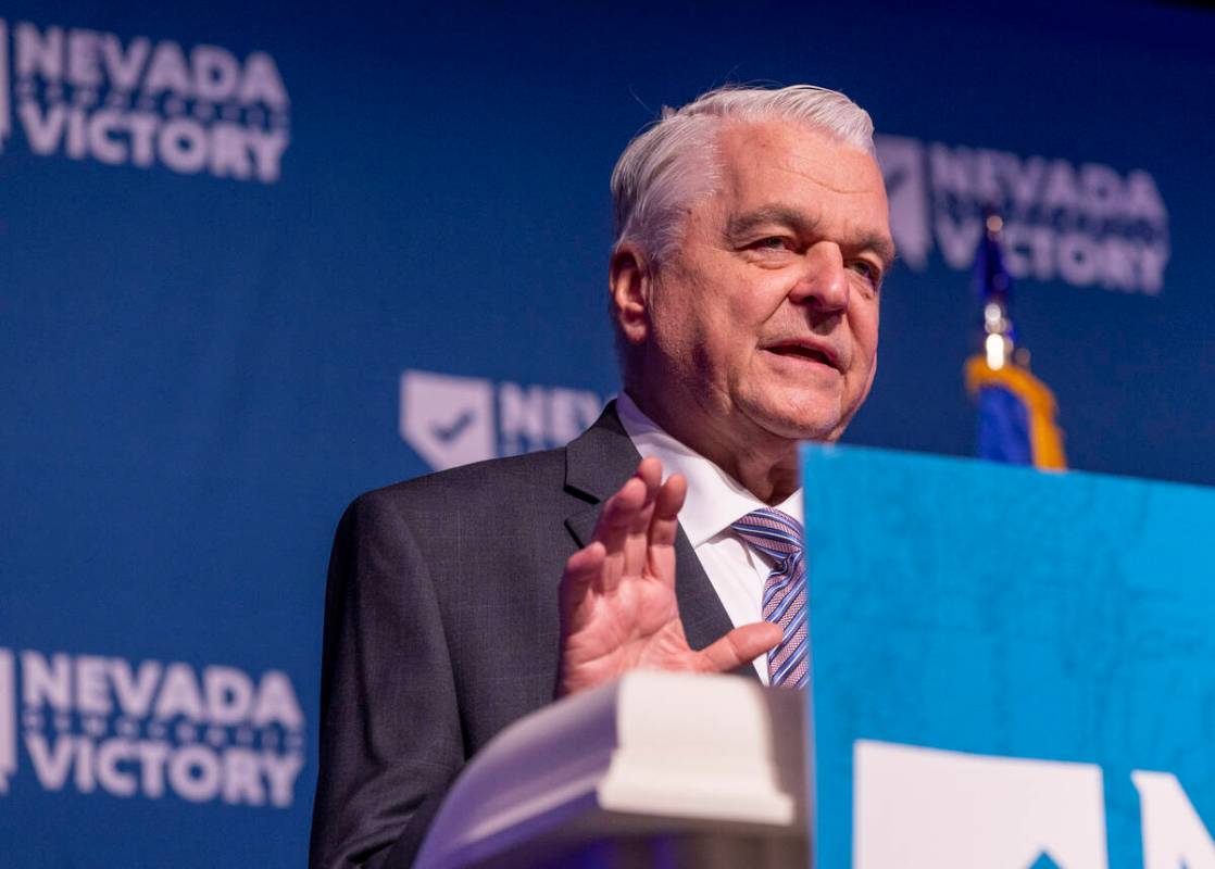Governor Steve Sisolak speaks with Senator Catherine Cortez Masto at his side during the Nevada ...