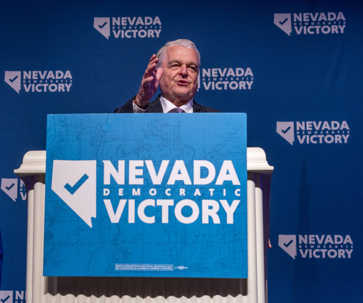 Governor Steve Sisolak speaks with Senator Catherine Cortez Masto at his side during the Nevada ...