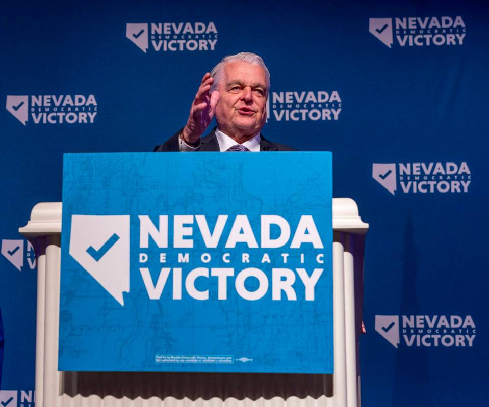 Governor Steve Sisolak speaks with Senator Catherine Cortez Masto at his side during the Nevada ...