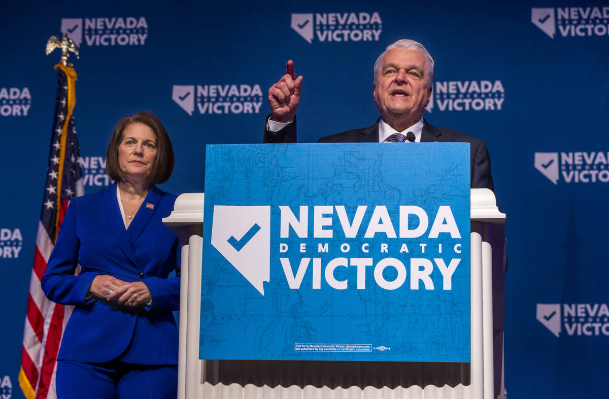 Governor Steve Sisolak speaks with Senator Catherine Cortez Masto at his side during the Nevada ...