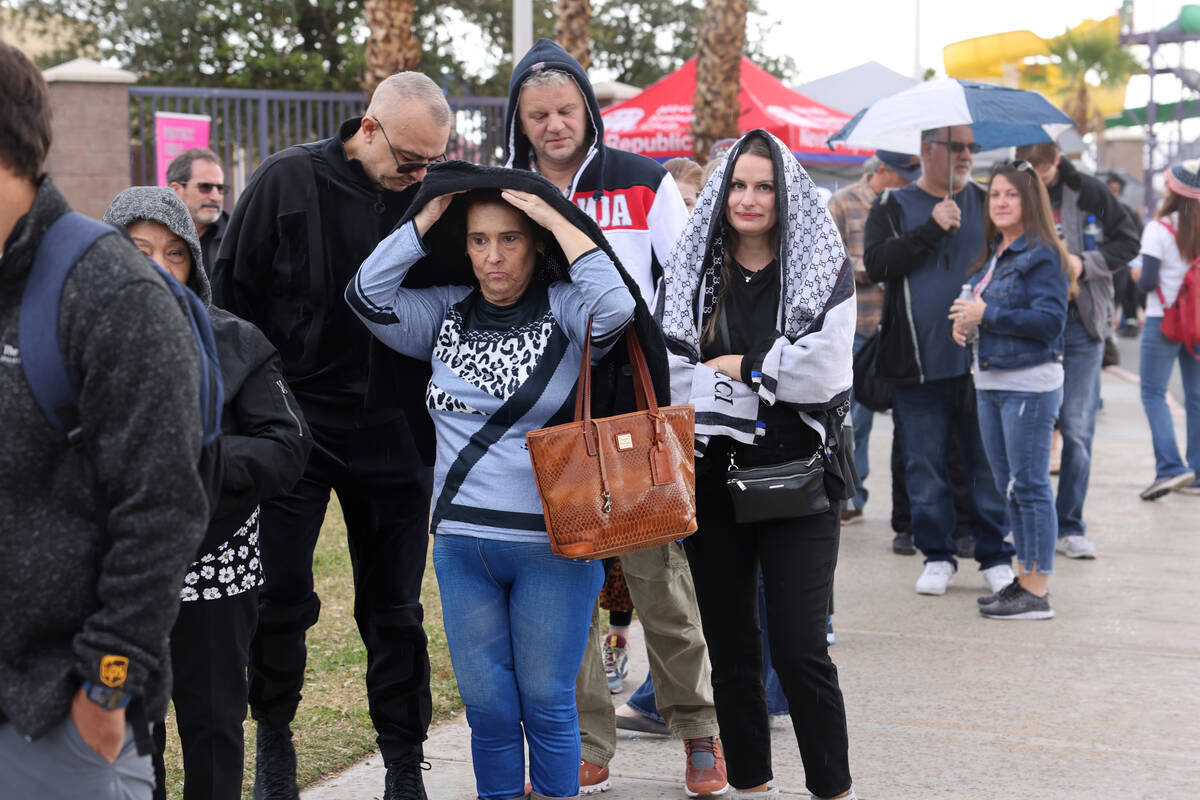 Voters, including Lisa Foley, left, and Sanja Maric, both of Las Vegas, bundle up while waiting ...
