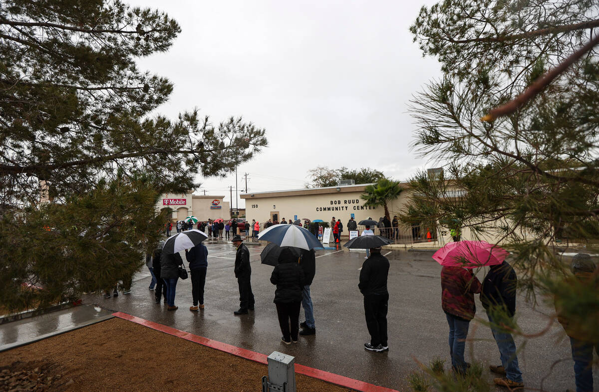 Nye County voters line up to cast their ballots on Election Day at Bob Ruud Community Center in ...