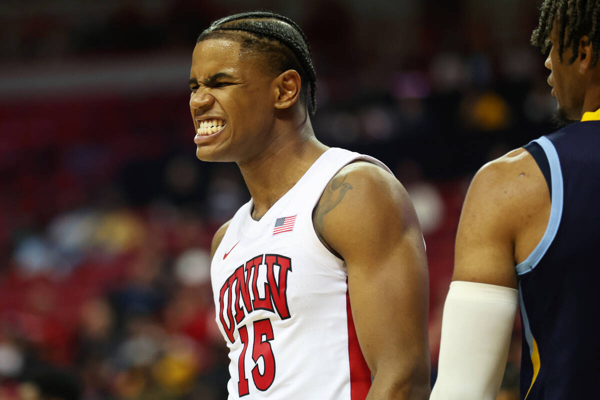 UNLV Rebels guard Luis Rodriguez (15) reacts after a play against the Southern University Jagua ...