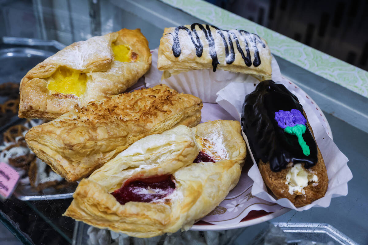 Sugar-free pineapple cheese danish, clockwise from left, Napoleon, eclair, strawberry cheese da ...