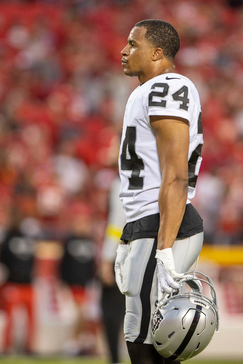 Raiders safety Johnathan Abram (24) looks on during team warm-ups before an NFL game against th ...