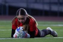 Doral Academy’s Kenadie Mashore saves Bonanza’s shot on goal during a girls high ...